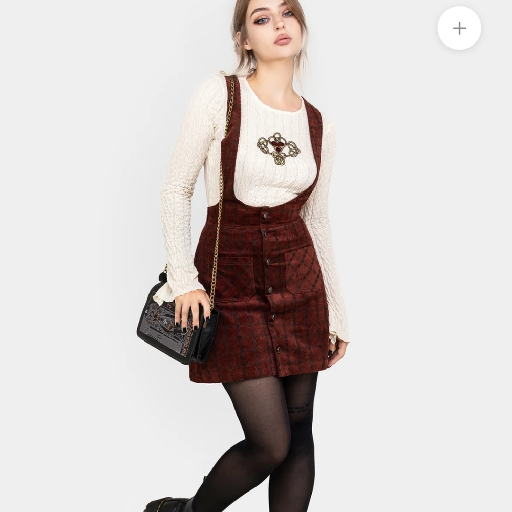 Disturbia Terracotta Check Cord Mini Pinafore Skirt